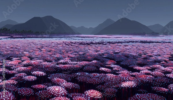 Fototapeta Glowing Neon Flower Field with Mountains at Night