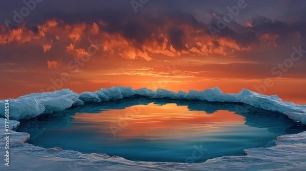 Obraz Dramatic sunset reflected in a tranquil pool of water surrounded by ice