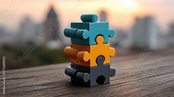 Obraz Stack of colorful puzzle pieces forming a tower against a blurred city skyline at sunset