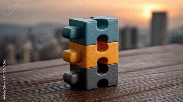 Obraz Stack of colorful interlocking building blocks on a wooden surface with a blurred city skyline at sunset