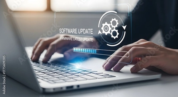 Fototapeta Hands typing on laptop with digital interface showing automation and process optimization