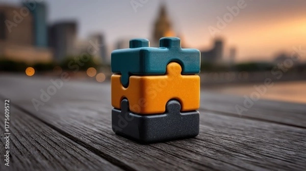Obraz Stack of colorful puzzle pieces assembled together on a wooden surface with city skyline background