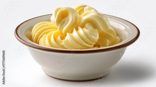 Obraz Softened yellow butter swirled and piped into a small white bowl on a plain background
