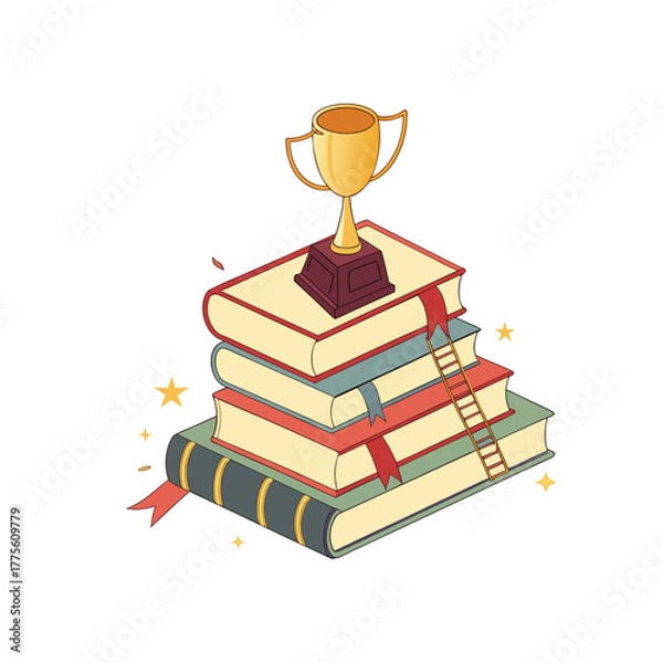 Fototapeta  Stack of Books with Golden Trophy Vector
