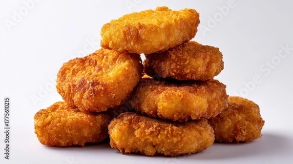 Obraz Pile of golden brown crispy chicken nuggets stacked against a clean white background