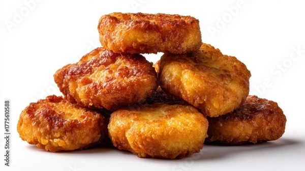 Obraz Golden brown baked potato bites stacked in a pyramid shape on a white background