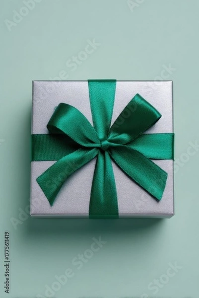 Fototapeta A silver square gift box sits centered on a pastel background, wrapped with an emerald green satin ribbon tied into a large decorative bow on the top