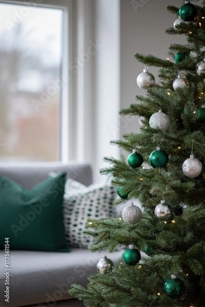 Fototapeta A lush green Christmas tree is beautifully decorated with emerald green and silver baubles standing in a cozy modern living room with soft pillows and a window view