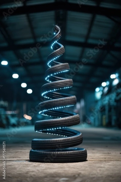 Fototapeta A unique Christmas tree design created from a spiral stack of recycled car tires wrapped in glowing blue LED lights set inside an industrial warehouse space