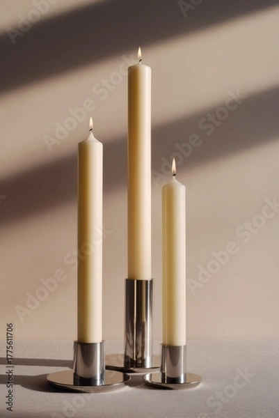 Fototapeta A still life composition of three ivory taper candles burning in sleek polished chrome holders with soft shadow play across a neutral beige surface background