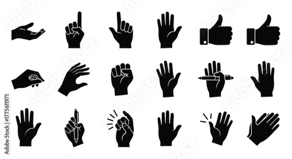 Fototapeta Set of hand gesture icons simple black glyphs user interface isolated on white background