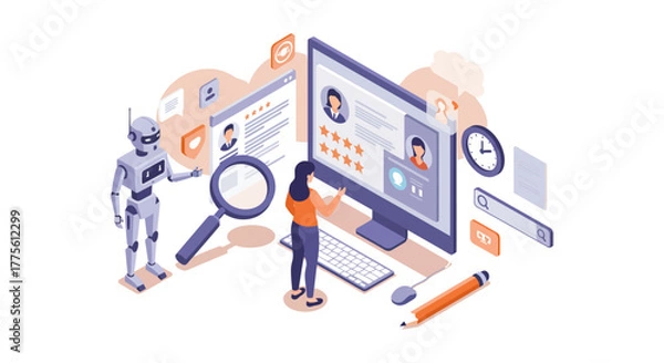 Fototapeta ai recruitment analysis woman analyzing candidate profiles on a computer with ai robot assistant for hr tech innovation and efficient hiring