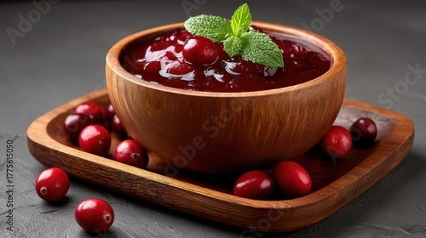 Obraz Rustic wooden bowl filled with fresh cranberry sauce garnished with mint leaves