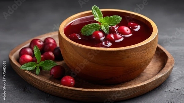Obraz Refreshing cranberry drink in a wooden cup garnished with fresh cranberries and mint leaves