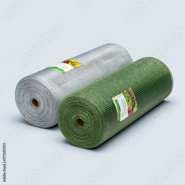Obraz Two rolls of garden netting one silver and one green on a plain background