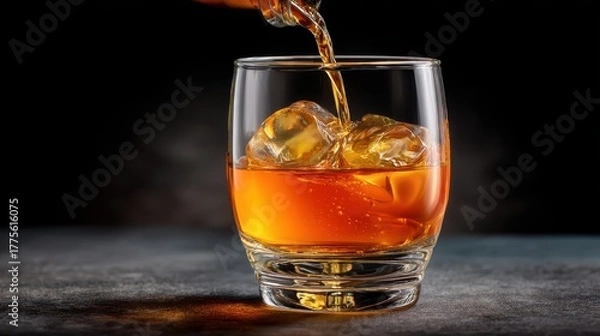 Obraz Amber colored whiskey being poured over ice cubes into a clear glass with a dark background