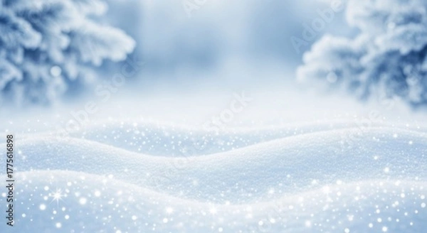 Fototapeta Snowy landscape with snow-covered ground and trees in the background.