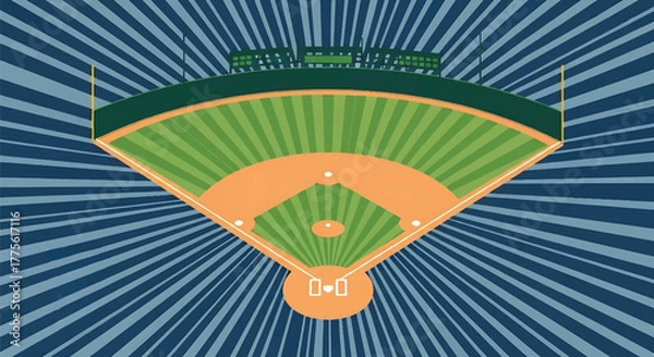 Fototapeta Top-down aerial view of a baseball field diamond on a stylized blue radiating background.