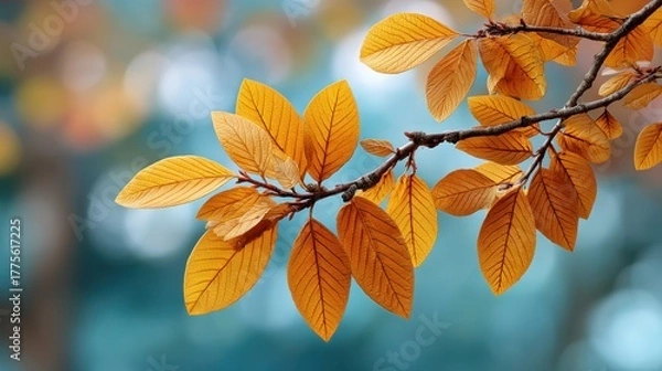 Obraz Golden autumn leaves on a branch with a soft bokeh background in cool blue tones