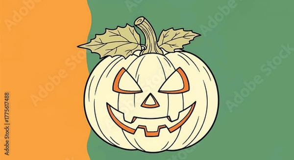 Fototapeta An illustrated white Jack-o'-lantern with a spooky face for Halloween on a colorful background.