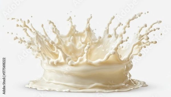 Fototapeta Dairy photography concept featuring a milk splash crown with a creamy texture isolated on a white background