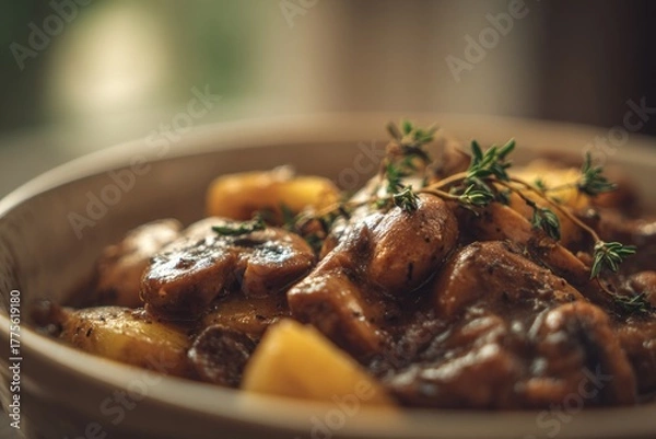 Fototapeta Chestnut Mushroom Ragout in bowl, rich dark brown stew with chestnuts, wild mushrooms, and tender potatoes garnished with thyme. Concept of savory ragout with chestnuts and wild mushrooms.