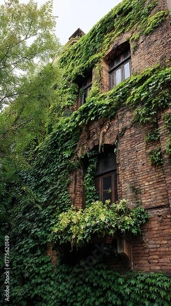 Fototapeta Overgrown brick building facade embraced by lush green ivy and verdant foliage