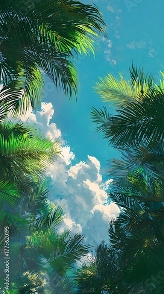 Fototapeta Looking up through lush green pine branches at a bright blue sky with fluffy white clouds