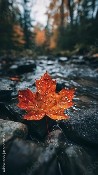 Fototapeta Vibrant autumn maple leaf floats gently on a rippling forest stream