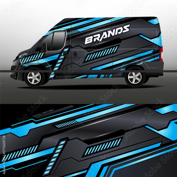 Fototapeta Car decal. Wrap design vector livery. Black background with blue and gray abstract stripes for car decal. Vehicle design development for a company. Delivery van vector design. 