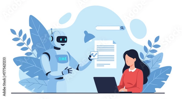 Fototapeta Ai data analysis robot assistant helping a businesswoman with document review on laptop in a modern office illustrating future of work