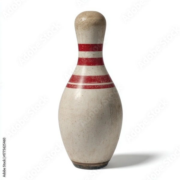 Fototapeta A single vintage bowling pin with red stripes on a white background