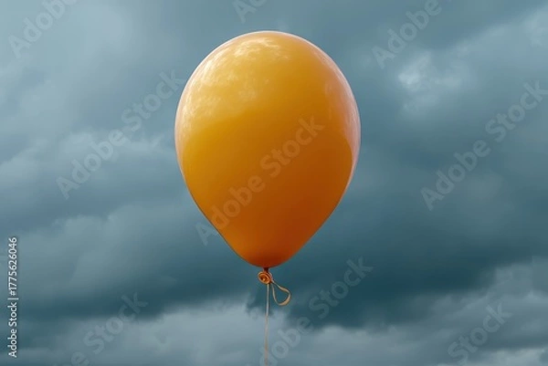 Fototapeta Single orange balloon floating against a dramatic cloudy sky