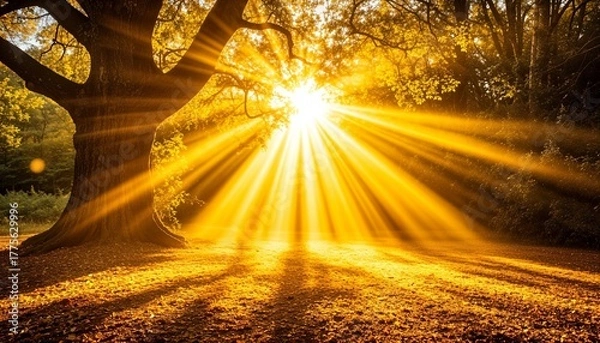 Fototapeta Sunlight streaming through tree branches in autumn forest  