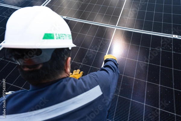 Obraz Engineer checking inspection solar cells on the roof.Technician maintaining solar panels on blue sky and white clouds background.Solar photovoltaic panel system and saving energy with clean powers.