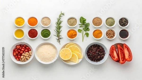 Fototapeta Overhead View of Culinary Ingredients and Herbs in Bowls