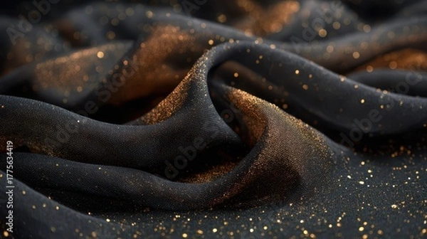 Fototapeta Dark fabric with golden sparkle and textured folds