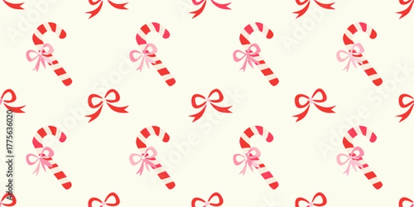 Fototapeta Seamless pattern of festive red and white striped candy canes with pink bows and red bows on a cream background