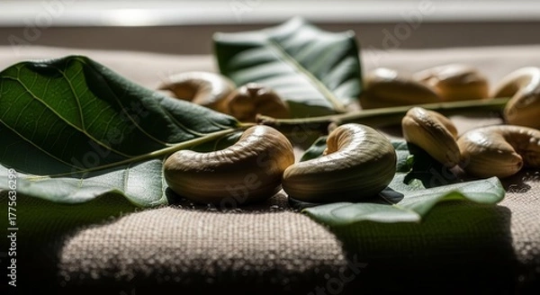 Fototapeta Fresh Cashew Nuts, Green Leaves And Natural Light, A Natural Food Composition