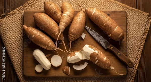 Fototapeta Fresh Cassava Root and Knife on Wooden Table Showing Culinary and Dietary Concepts