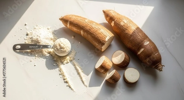 Fototapeta Fresh Cassava Roots And Cassava Flour On White Surface With Natural Sunlight