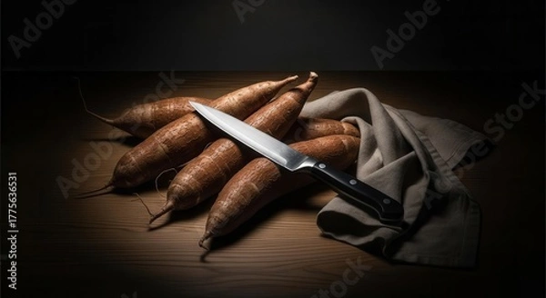 Fototapeta Fresh Cassava Roots Arranged With a Knife on a Wooden Surface in a Dramatic Setting