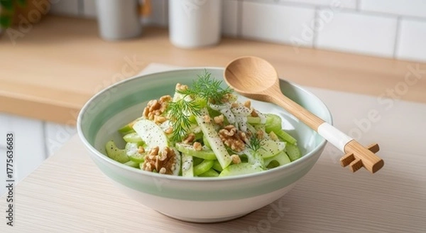Fototapeta Fresh Celery Apple Walnut Salad With Creamy Dressing And Wooden Spoon On Table