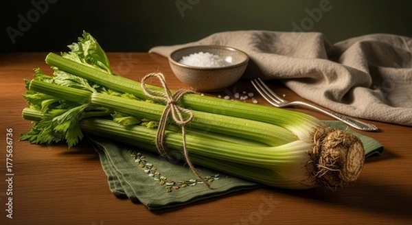 Fototapeta Fresh Celery Bundle With Bowls Of Salt And Elegant Fork On A Wooden Surface