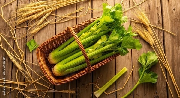 Fototapeta Fresh Celery Displayed In A Wicker Basket With Wheat Sprigs On Rustic Wooden Surface