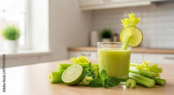 Fototapeta Fresh Celery Juice with Lime Drink And Herbs on a Wooden Table close up