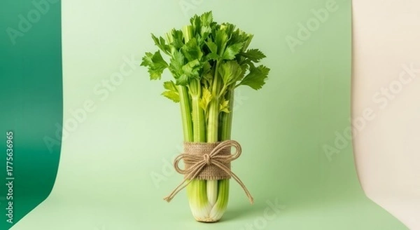 Fototapeta Fresh Celery Tied With Burlap and Bow Against a Colorful, Textured Background Display