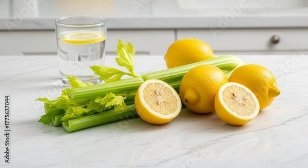 Fototapeta Fresh Celery, Lemons and Glass of Water: A Vibrant Composition for Wellness