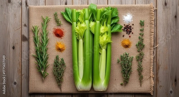 Fototapeta Fresh Celery Vegetable and Herbs Spices Arrangement on Rustic Background for Culinary Use