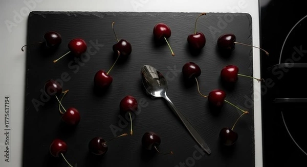 Fototapeta Fresh Cherries Artfully Arranged With Spoon On Black Surface, Ready To Enjoy